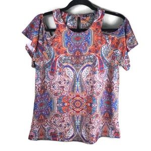 Storybuk Cold Shoulder Colorful Paisley Flounce Sleeve Top Size Small